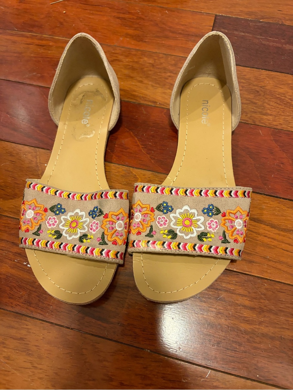 Nicole Beige Slide Sandals with Multicolor Embroidered Floral Band